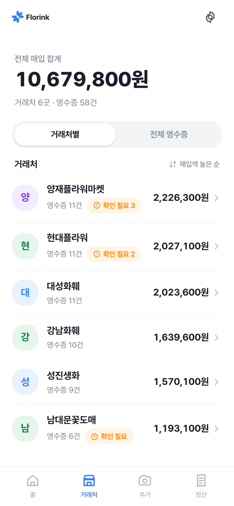 거래처별 매입 화면